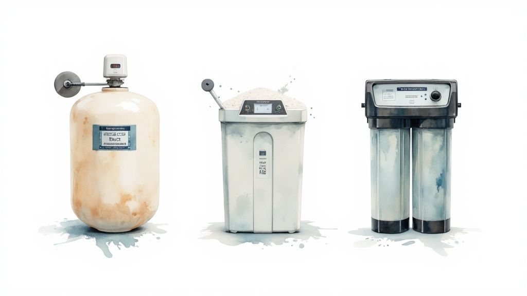 A close-up shot of a modern water softener's digital control panel, displaying efficiency metrics.