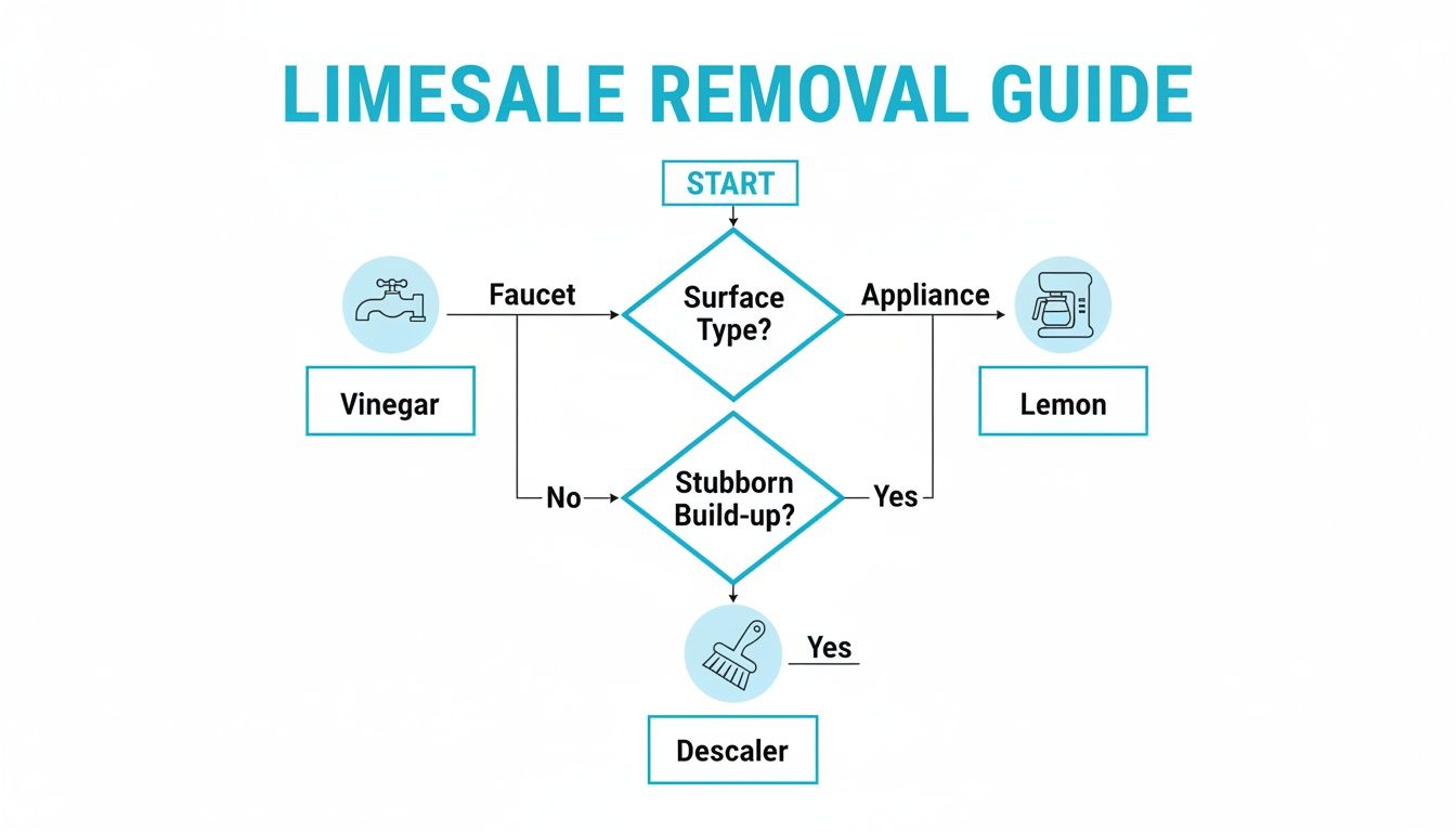 Flowchart illustrating a limescale removal guide using natural cleaners like vinegar and lemon, and a descaler.