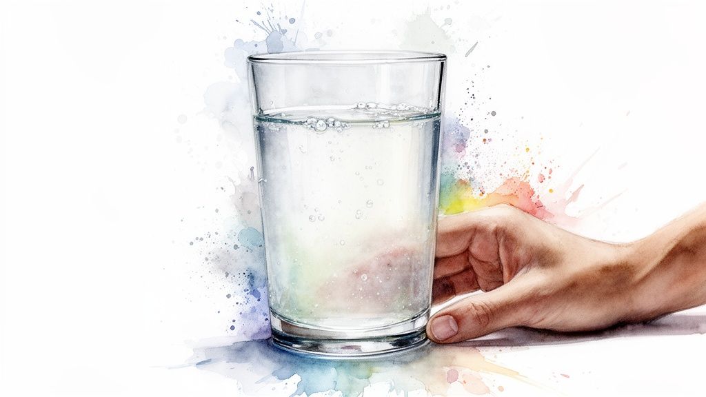A hand holding a glass of bubbly water with a dissolving tablet, vibrant watercolor art.