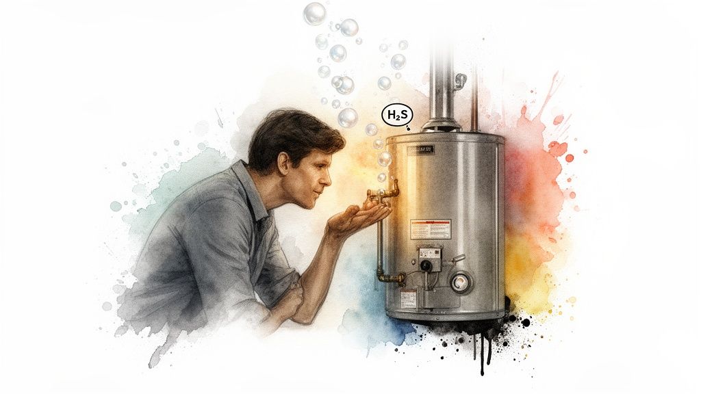 A man inspects a water heater, noticing H₂S bubbles, indicating rotten egg smell.