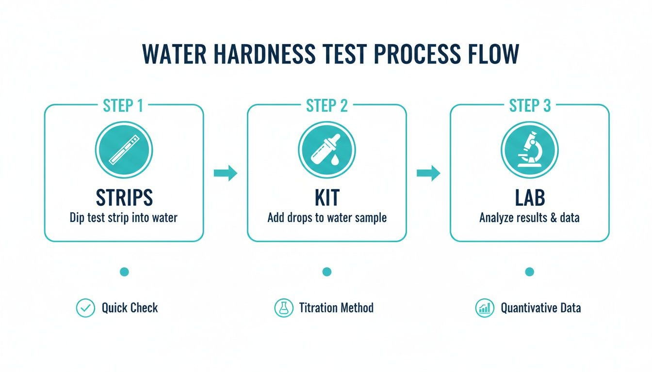 Flowchart illustrating the three-step water hardness test process: strips, kit, and lab analysis.