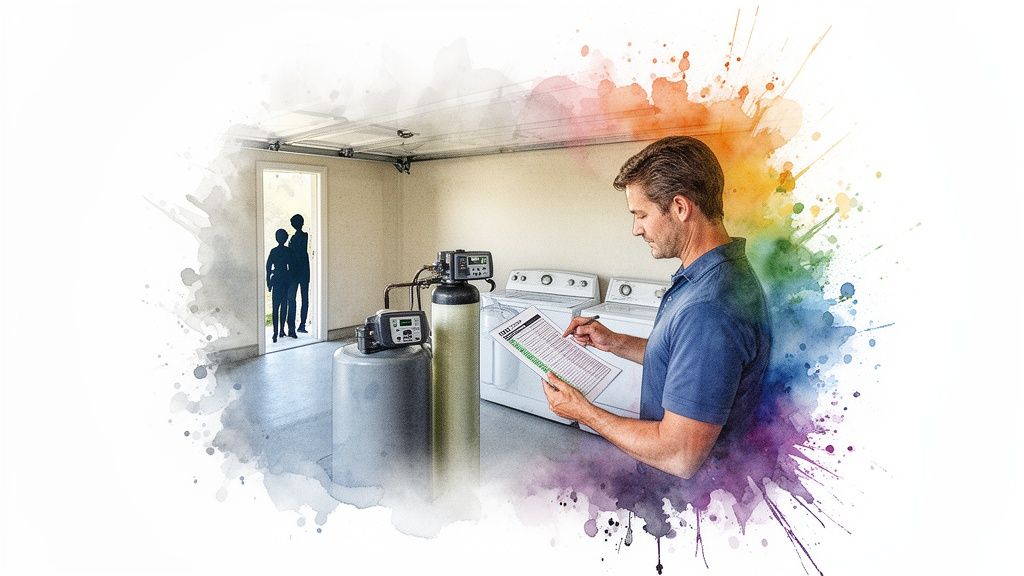 Man inspects a water softener system and appliances in a garage while a family watches.