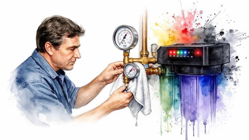 Man installing a whole house water filter system with pressure gauges and colorful filter housings.