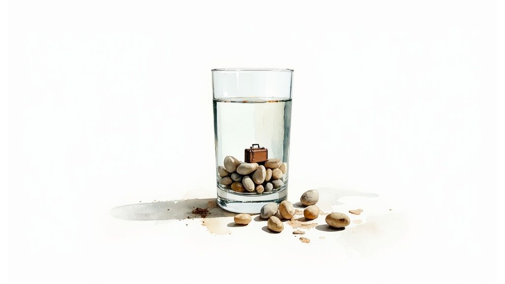 A tiny brown briefcase rests on pebbles at the bottom of a clear water glass.