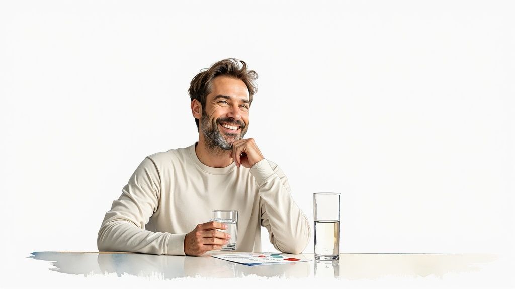 A family happily drinking glasses of clean water in their kitchen.