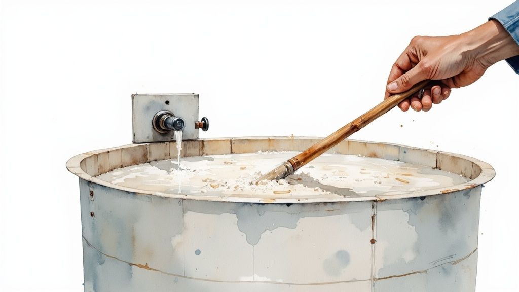 A hand stirs milky liquid in a large vat, with water flowing from a spigot, watercolor style.