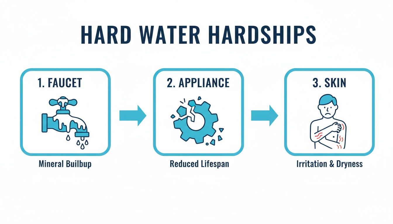 Infographic showing hard water problems: mineral buildup on faucets, reduced appliance lifespan, and skin irritation.