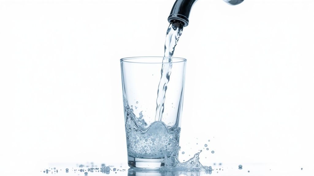 Fresh water pouring from a tap into a clear glass, creating splashes on a white surface.