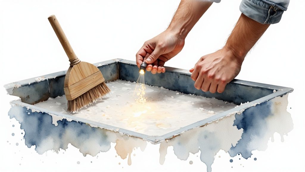 Hands interact with a pan of liquid, adding glowing particles next to a small wooden broom.