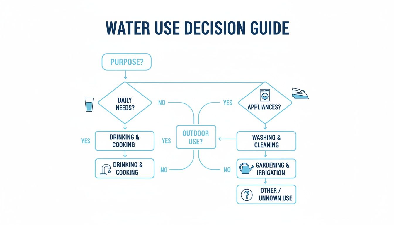 A 'Water Use Decision Guide' flowchart outlining choices for drinking, cooking, washing, and outdoor uses.