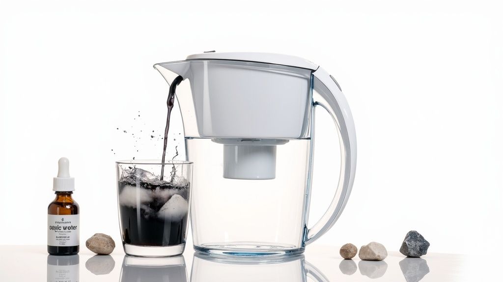 A water filter pitcher pouring charcoal-infused liquid into a glass with ice, beside a dropper bottle.