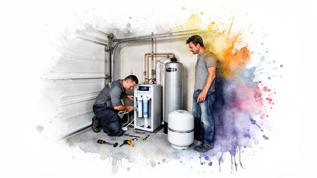 Technician installing a whole house reverse osmosis water filtration system for a homeowner.