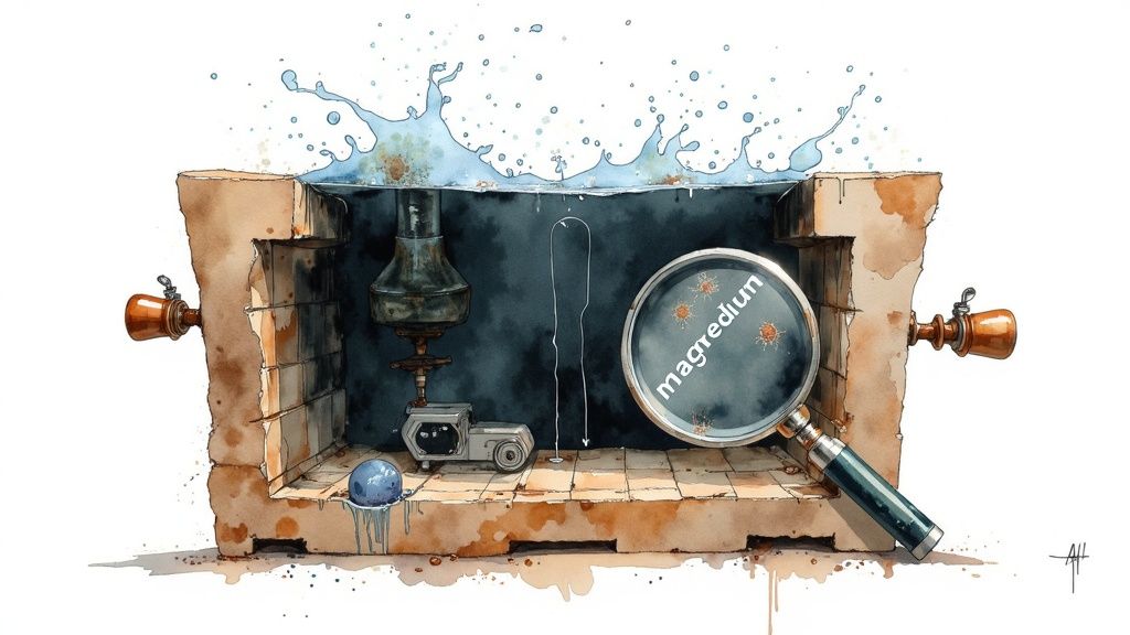 Watercolor illustration of a cross-section of a water-filled structure, with devices and a magnifying glass showing 'magredium'.