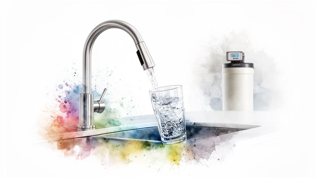 A modern kitchen faucet fills a glass with clear water, next to a home water filter system.