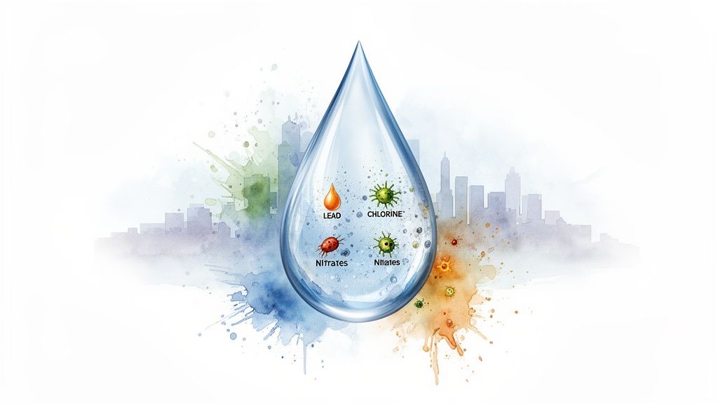 A clear water droplet illustrating contaminants like lead, chlorine, nitrates, and germs, over a city skyline.