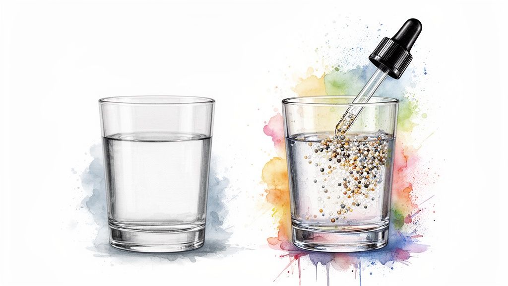 Two glasses of water, one pure, and one with a dropper adding colorful particles for analysis.