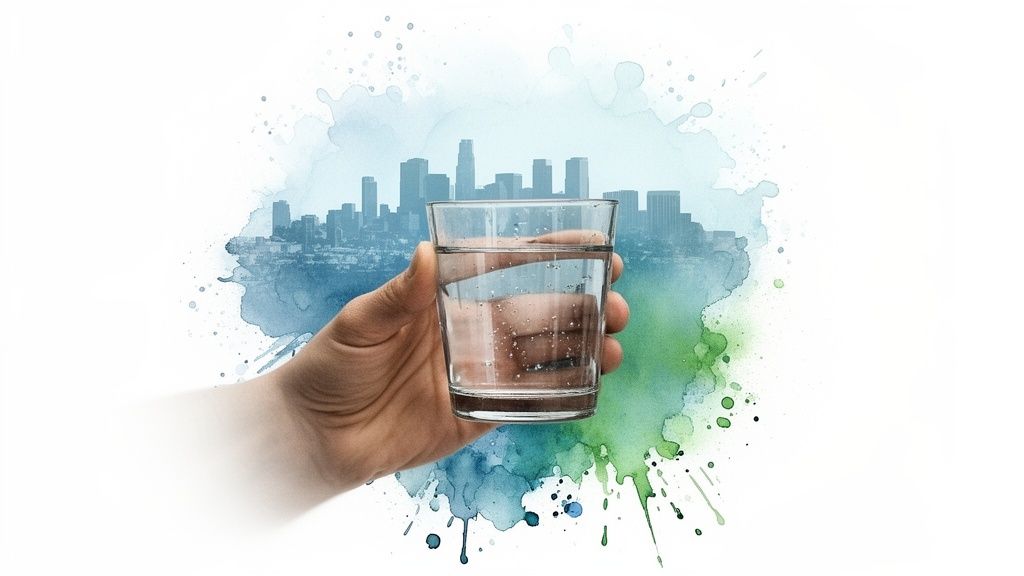 A hand holds a glass of clean water in front of a city skyline with blue and green watercolor splashes.
