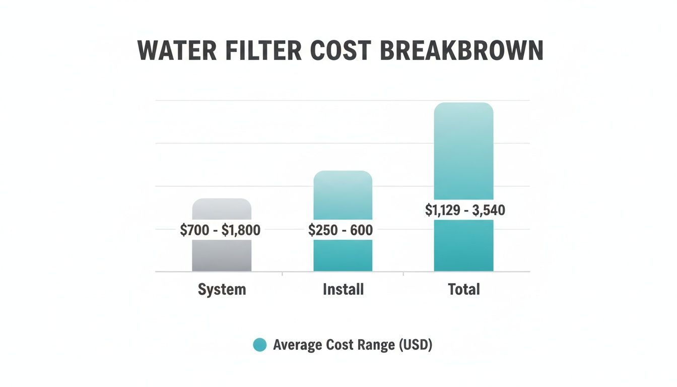 A bar chart showing the cost breakdown of water filters, including system, install, and total costs.
