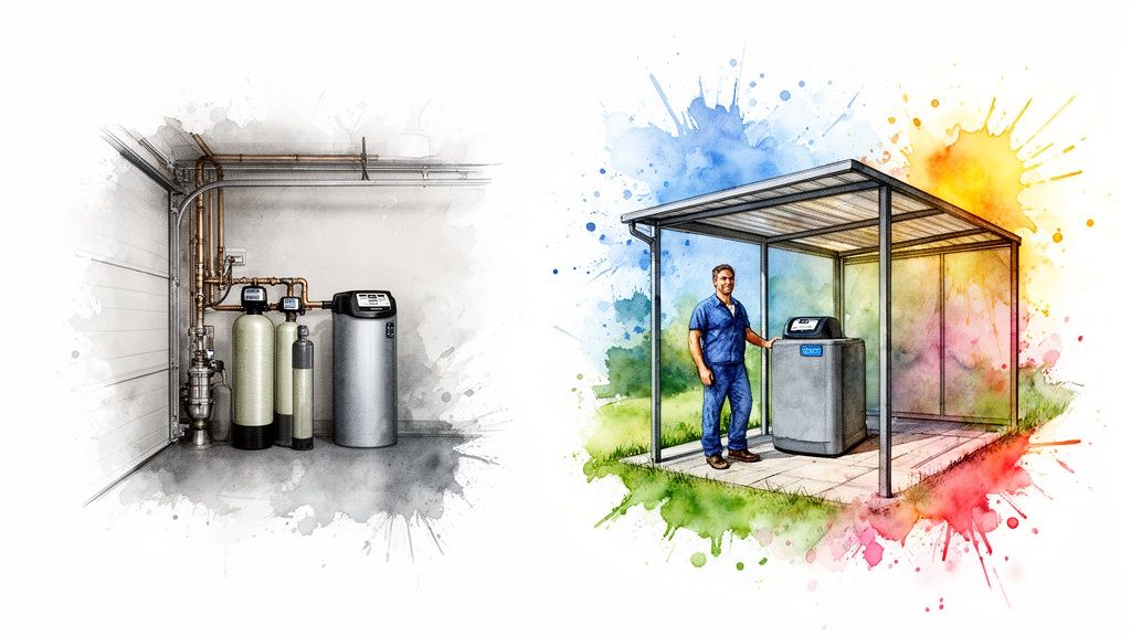Illustrations showing two water softener installations: one indoors in a garage, and another outdoors with a man.