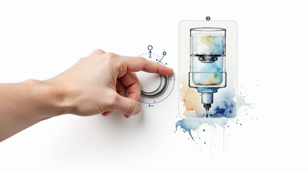A hand turns a dial next to a watercolor diagram of a multi-stage water filtration system.