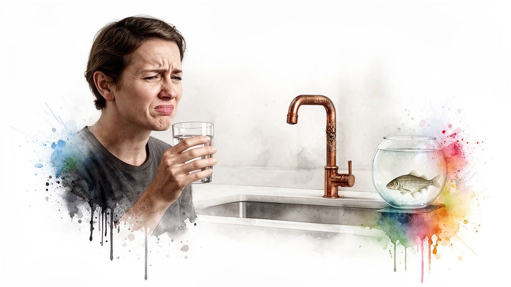 A person making a disgusted face while holding a glass of water next to a faucet and a fishbowl.