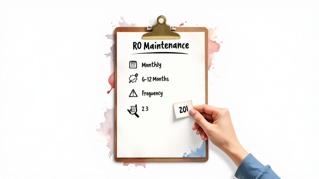 A hand holds a small paper with '201' next to a clipboard detailing RO maintenance schedules.