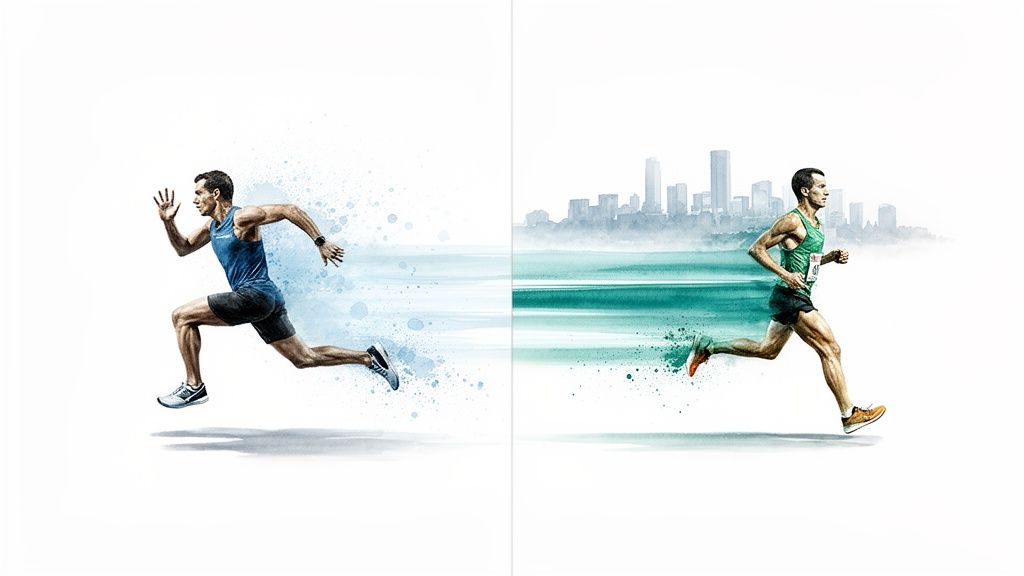 Two male runners in activewear with a dynamic, watercolor-like effect and a city skyline.