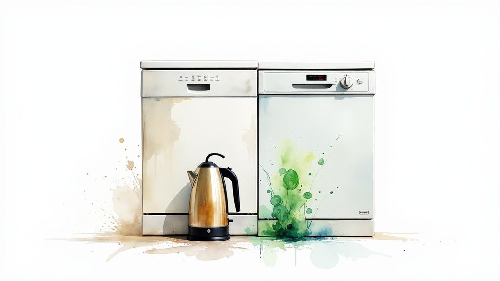 Two side-by-side dishwashers, one stained with coffee, the other with green watercolor leaves, and a gold kettle.