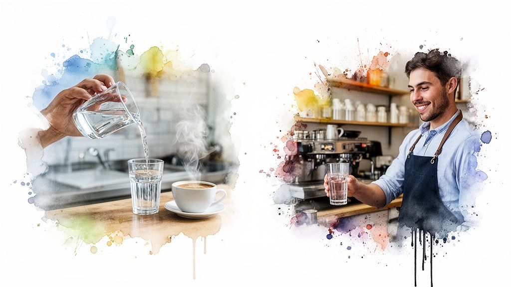 Watercolor illustration of hands preparing fresh water and a smiling barista offering a glass.