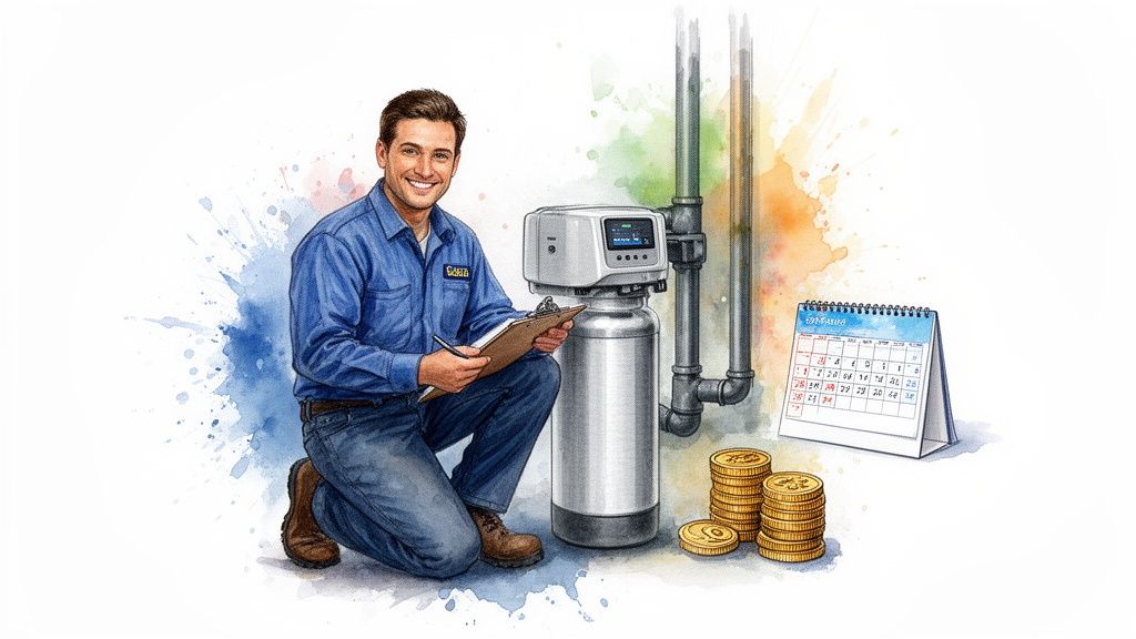 Smiling technician inspecting a water conditioner with a clipboard, showing calendar and savings.