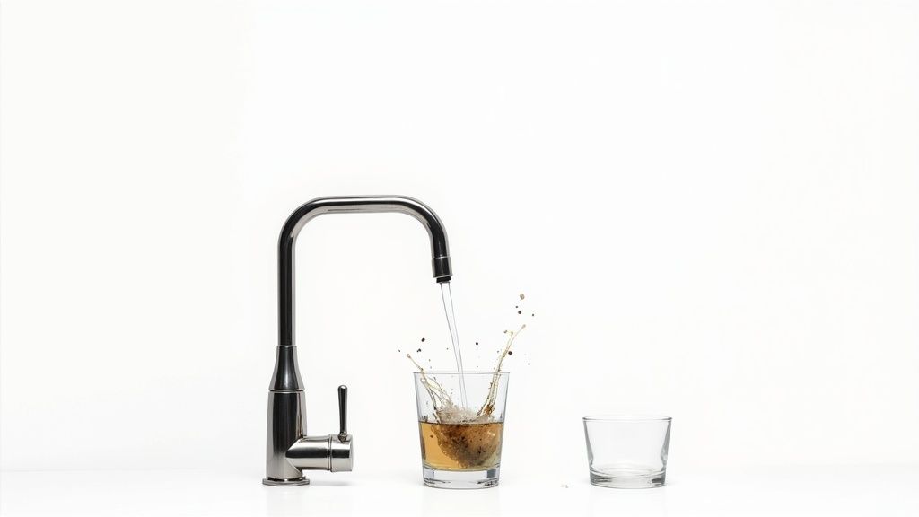 A faucet pours clean water into a glass of muddy water, creating a splash, next to an empty glass.