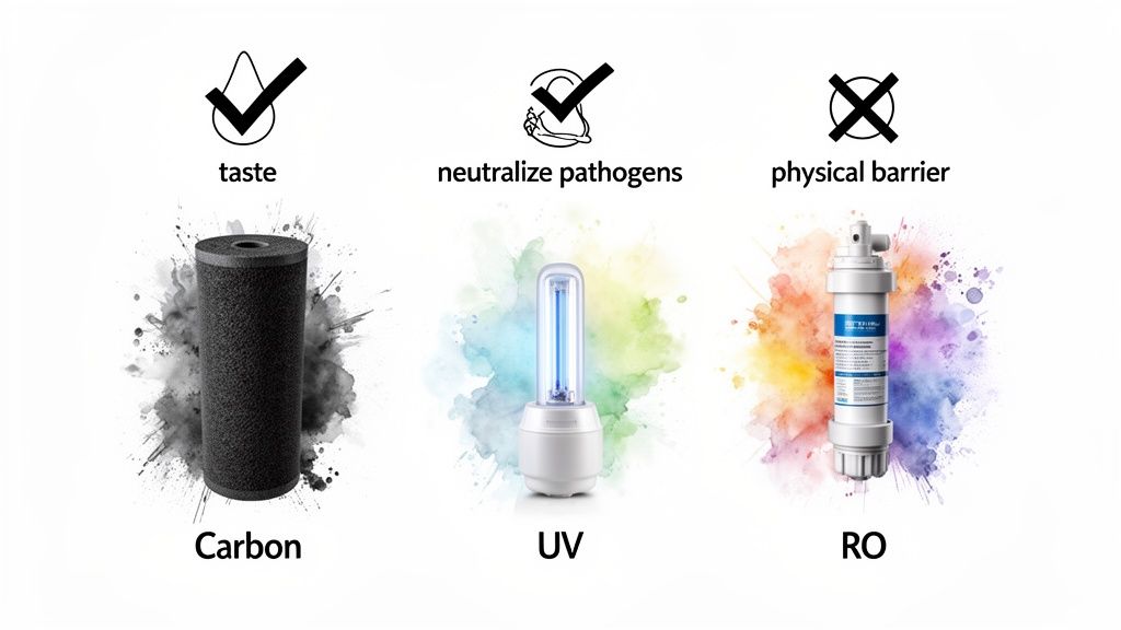Comparison of carbon, UV, and RO water filters showing their capabilities for taste, pathogens, and physical barriers.