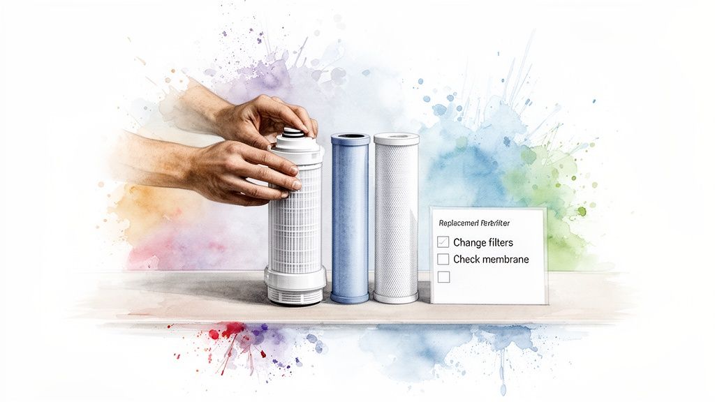 Hands changing a water filter, with two other filters and a maintenance checklist displayed.