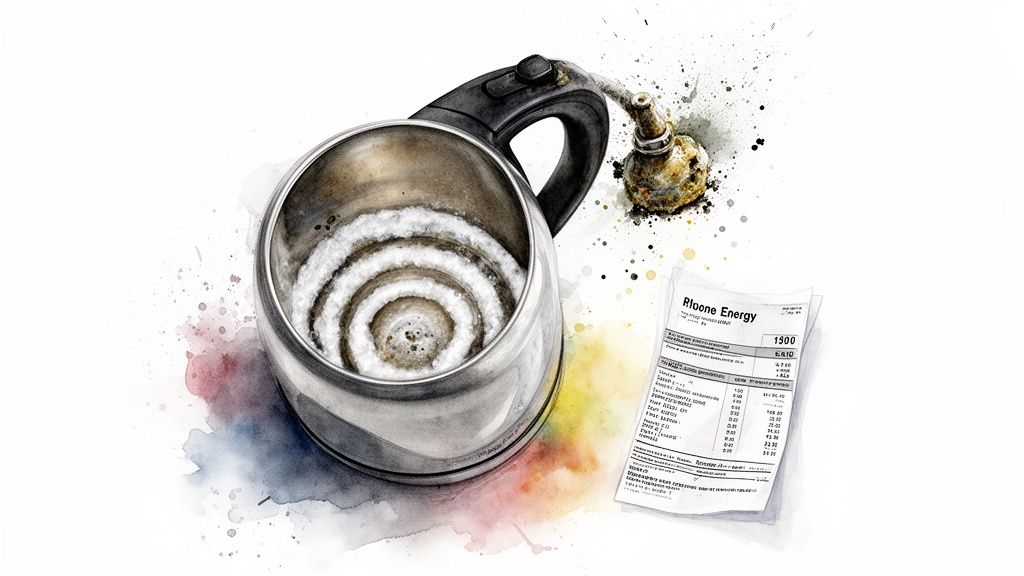 Watercolor illustration of a kettle with heavy limescale, a corroded part, and a high energy bill.