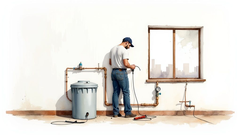 A technician in a blue cap and jeans works on plumbing and a water softener system.