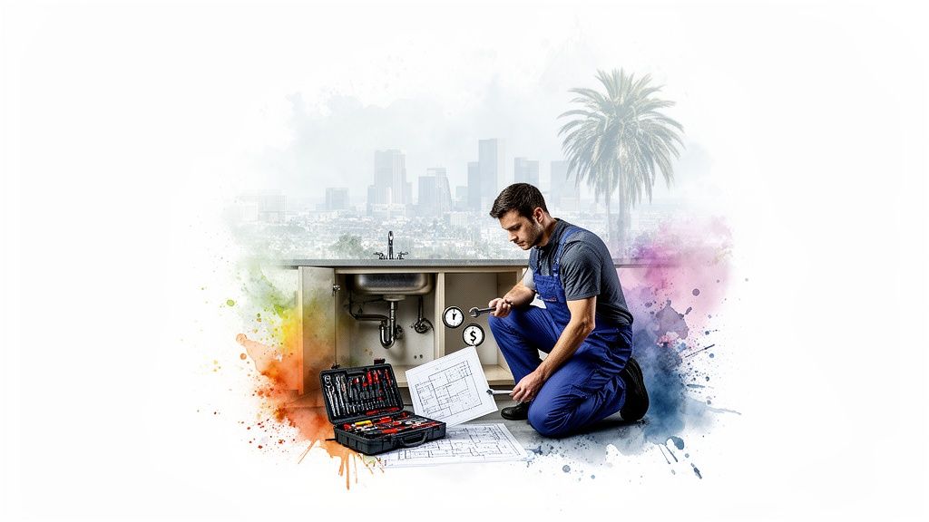 A plumber in blue overalls kneels, fixing a sink under a city skyline, with tools and blueprints.