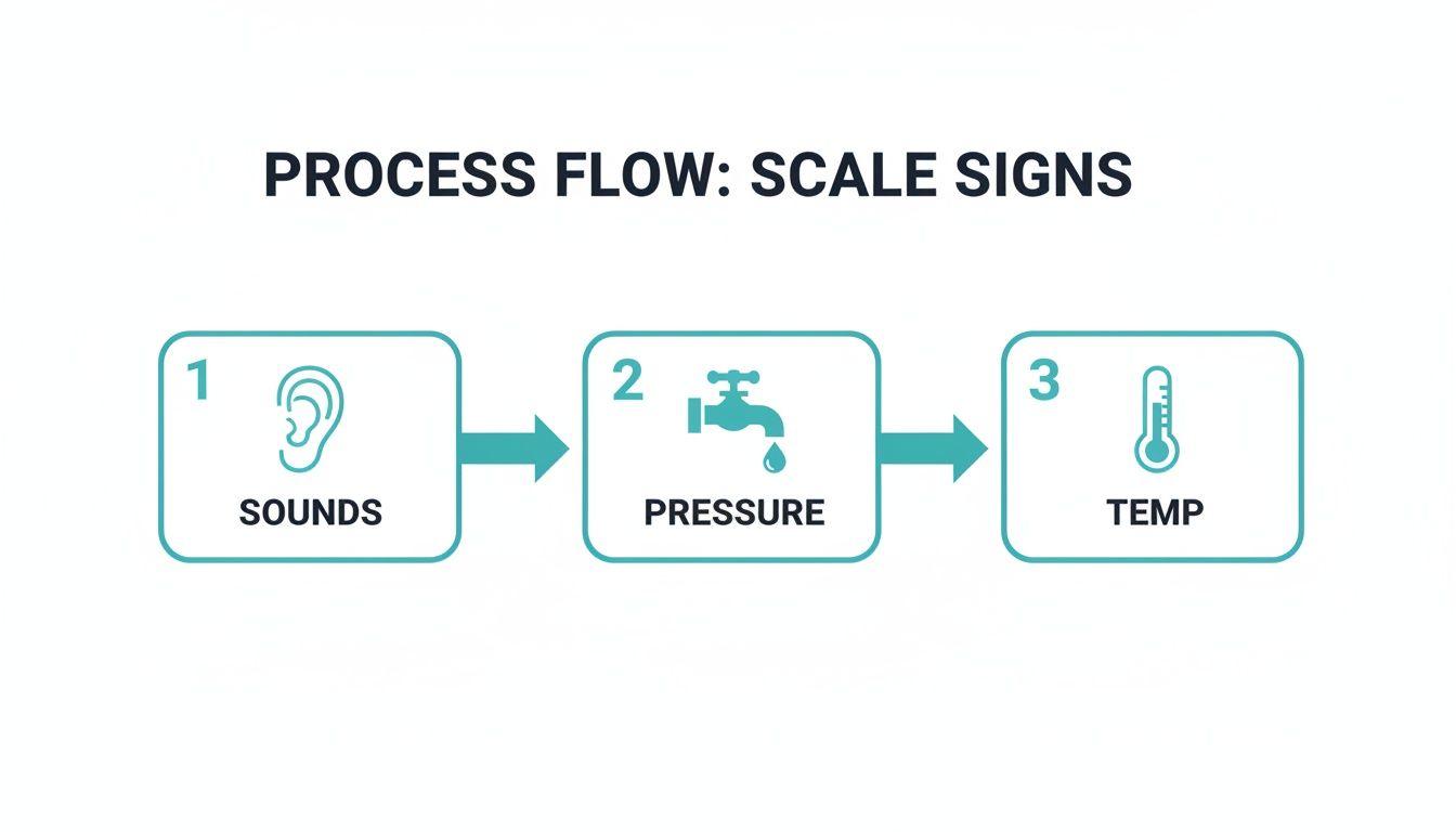 A process flow diagram showing three steps for detecting scale signs: sounds, pressure, and temperature.
