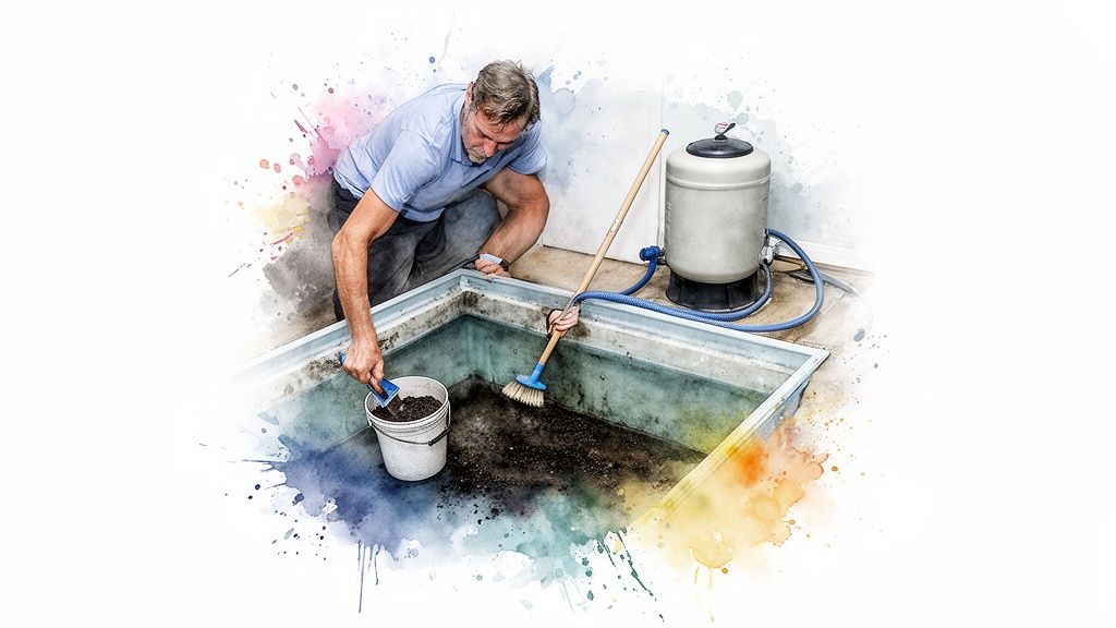 Man cleaning a dirty water tank, scooping out sludge with a shovel and brush near a water softener.