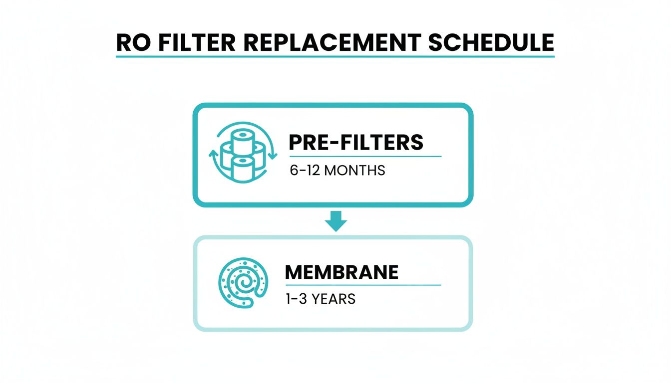 An infographic showing the RO filter replacement schedule: pre-filters every 6-12 months and membrane every 1-3 years.