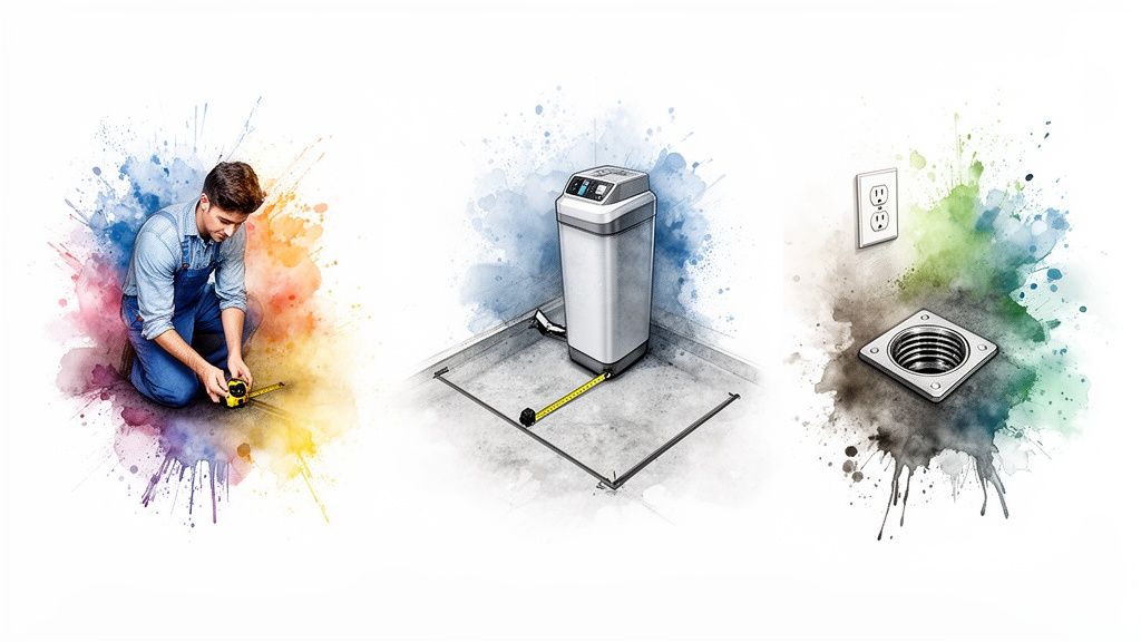 A man measures a space for a water softener installation near an electrical outlet and floor drain.