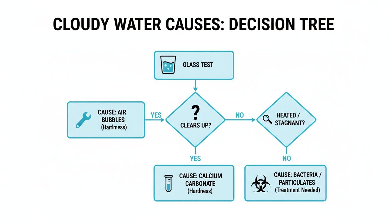 A decision tree flowchart for diagnosing cloudy water causes, guiding users through simple tests.