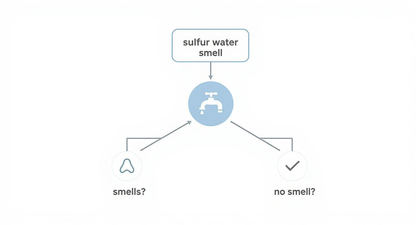 Flowchart illustrating how to identify sulfur smell in water, with a faucet and 'smells?' or 'no smell?' options.