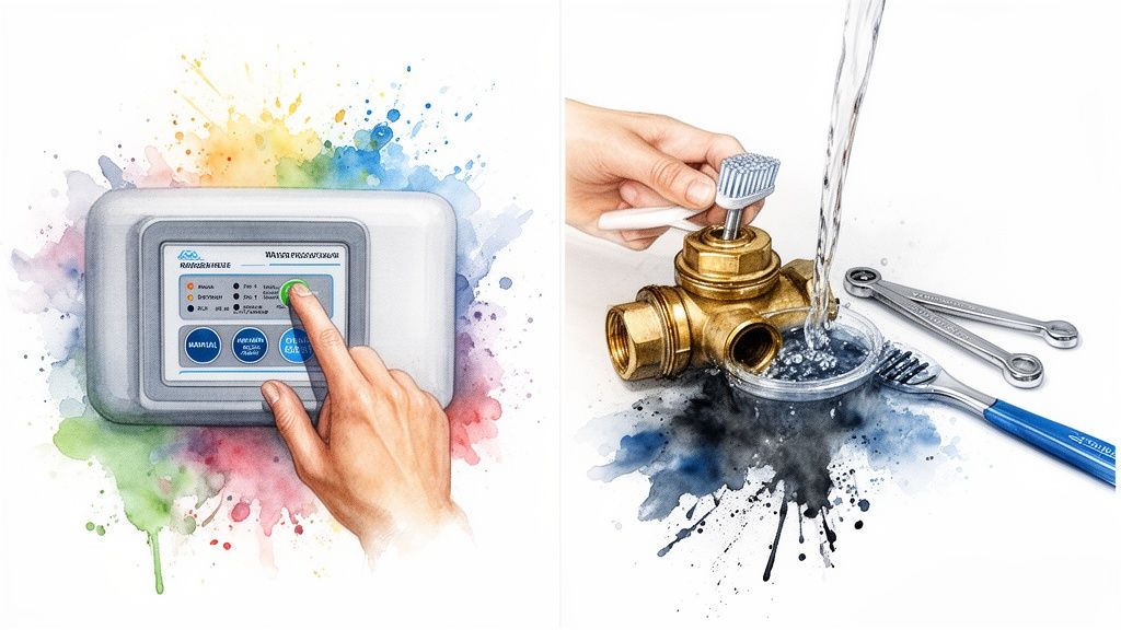 Hand interacts with a water softener control panel, while another cleans a brass valve with water.