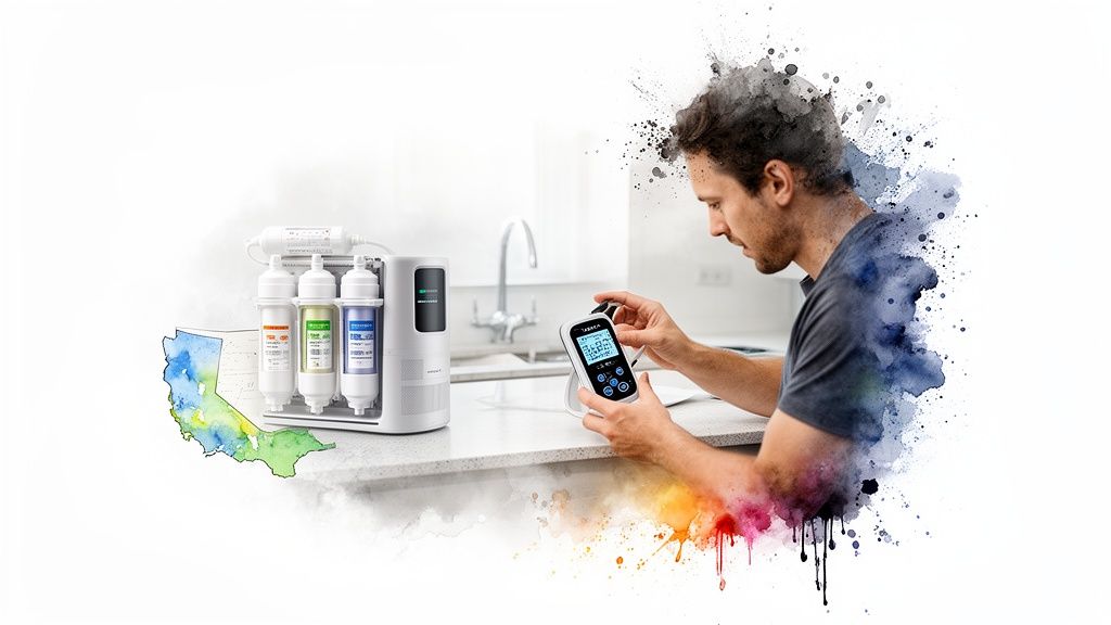 Man testing water quality with a digital device next to a multi-stage water filtration system and California map.