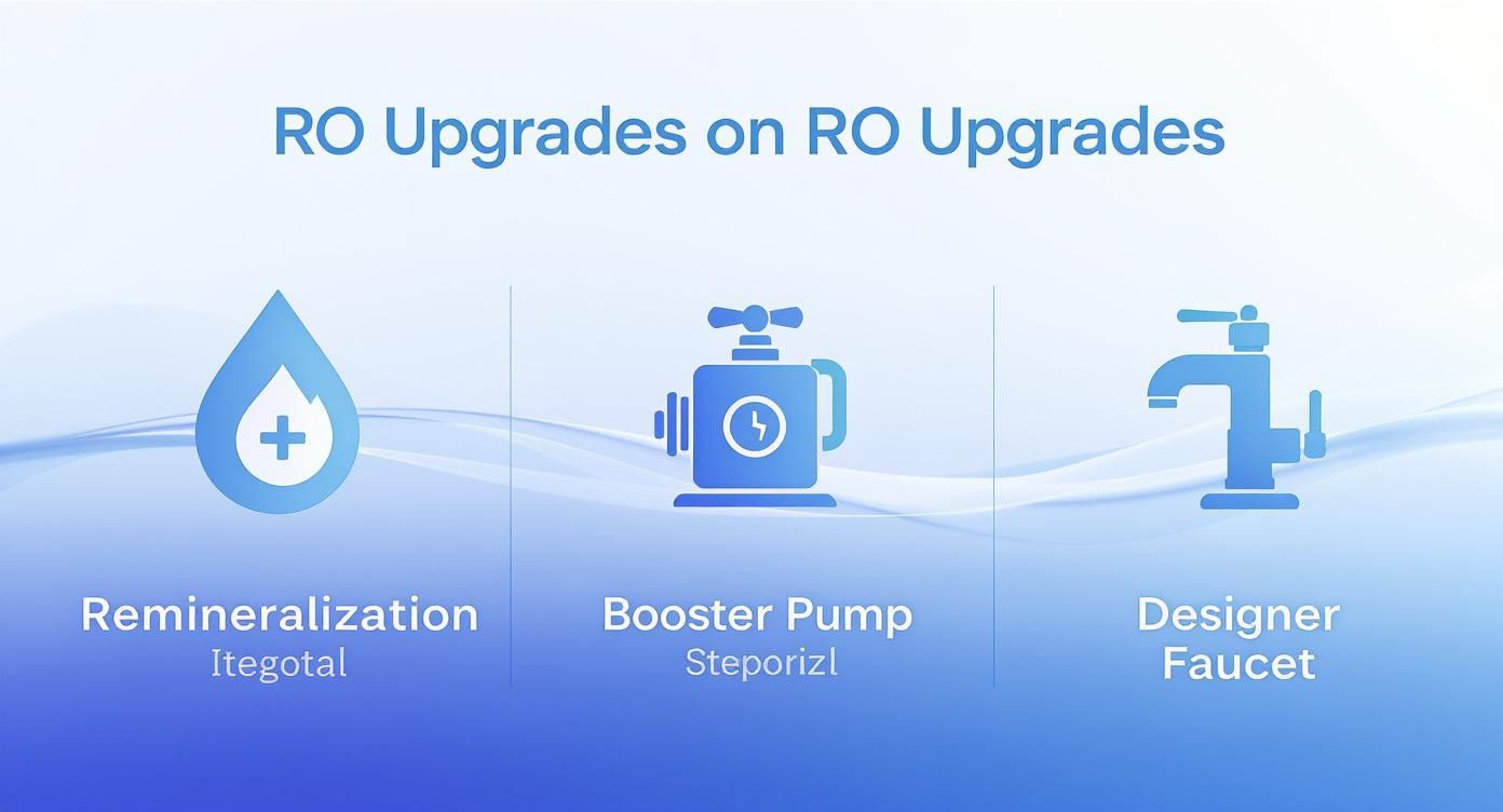 Three icons illustrating RO system upgrades: Remineralization, Booster Pump, and Designer Faucet options.