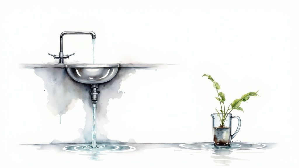 Watercolor illustration of a leaking sink and a plant in a pitcher, both surrounded by puddles.