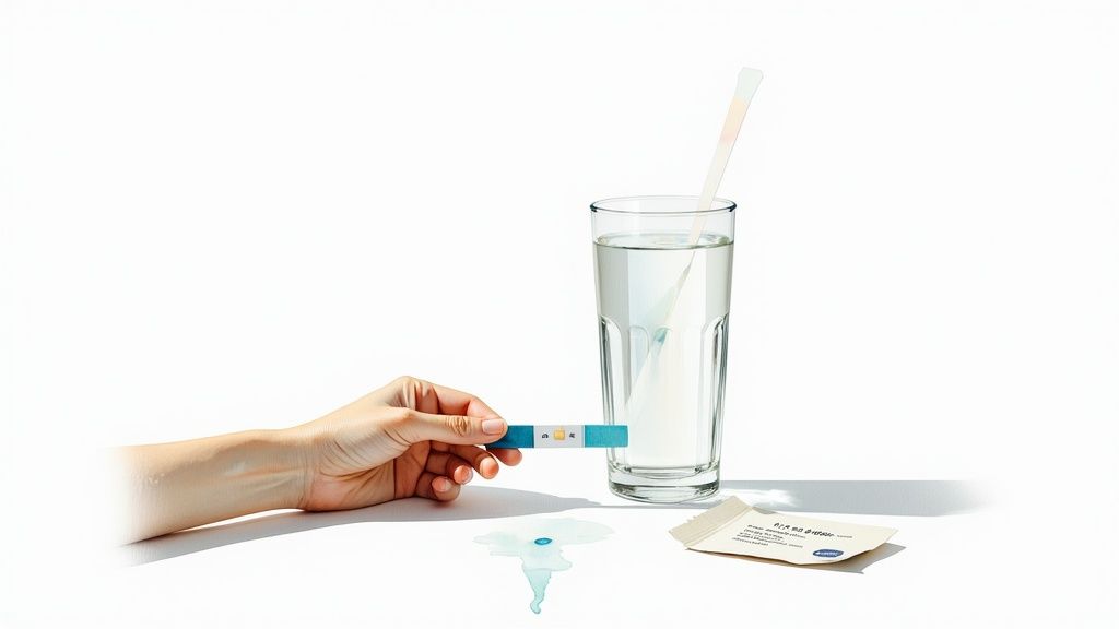 A hand holds a water testing strip next to a glass of water, indicating a water quality test.