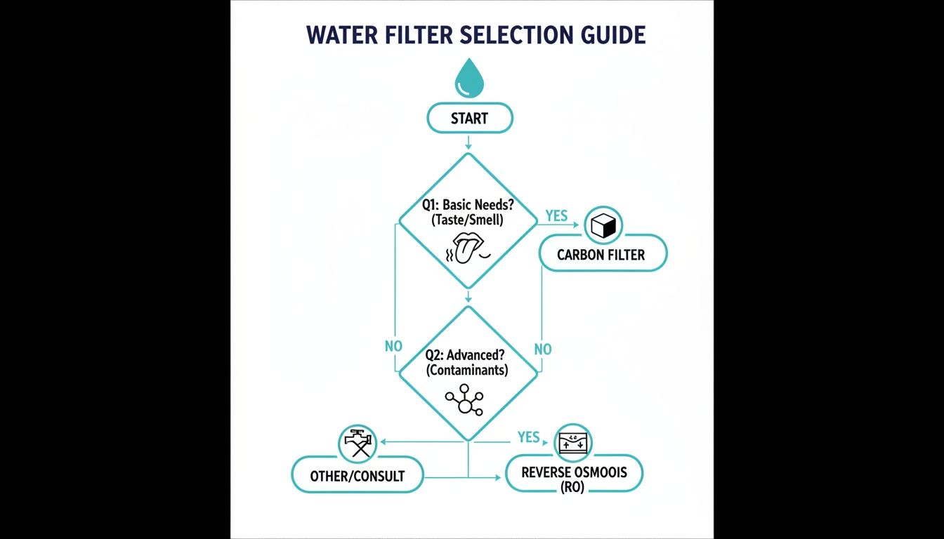 Flowchart illustrating a water filter selection guide based on taste/smell and contaminants.