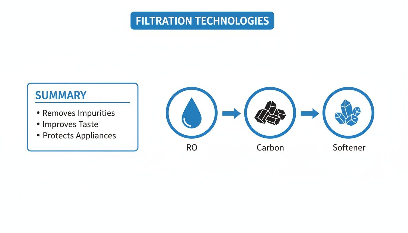 Diagram showing water filtration technologies: RO, Carbon, and Softener, highlighting benefits like impurity removal.
