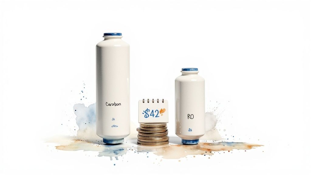 Two water filter systems, Carbon and RO, with a $42 price calendar and coins, on a watercolor splash.